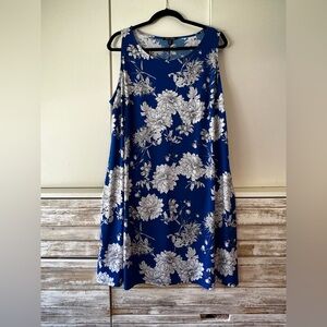 💙 Roz & Ali Blue White Floral A-Line Sleeveless Dress Plus Size 2X